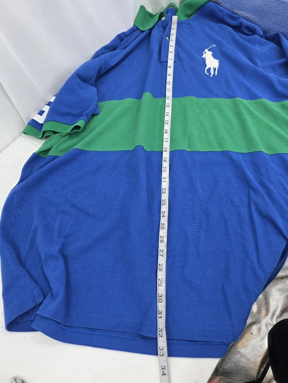 Polo Ralph Lauren Men's Pique Polo Big And Tall 2XLT Green Blue Stripe Big Pony.